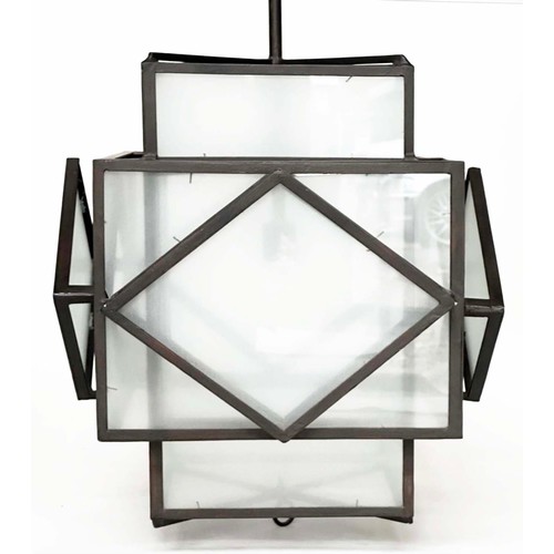 439 - HALL LANTERNS, a pair, Art deco style, metal framed and frosted glass, 73cm H x 50cm. (2)