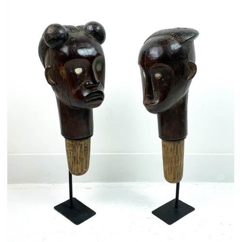 10 - FANG POLE HEAD'S, a pair,  Gabon , 57cm H. (2)