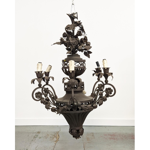 249 - CHANDELIER, patinated metal of six lights, approx 98cm H x 66cm W.