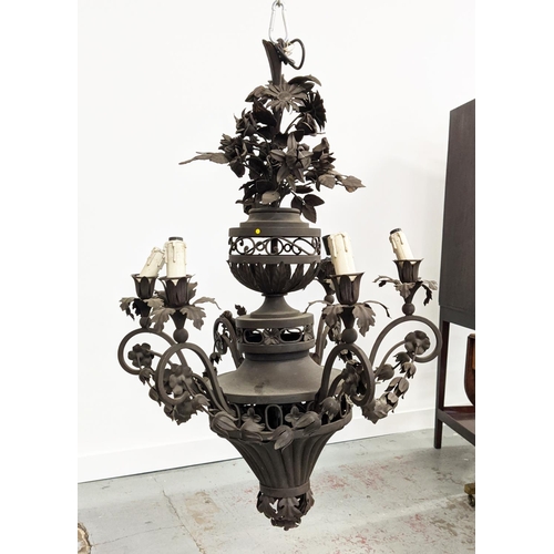 249 - CHANDELIER, patinated metal of six lights, approx 98cm H x 66cm W.