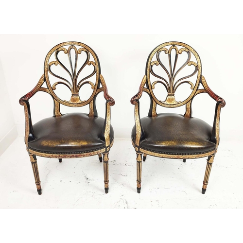 257 - ARMCHAIRS, a pair, George III style ebonised and gilt framed with leather seats, attributed to Theod... 