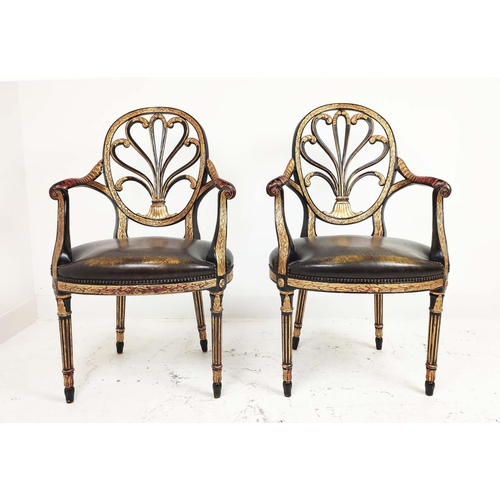 257 - ARMCHAIRS, a pair, George III style ebonised and gilt framed with leather seats, attributed to Theod... 