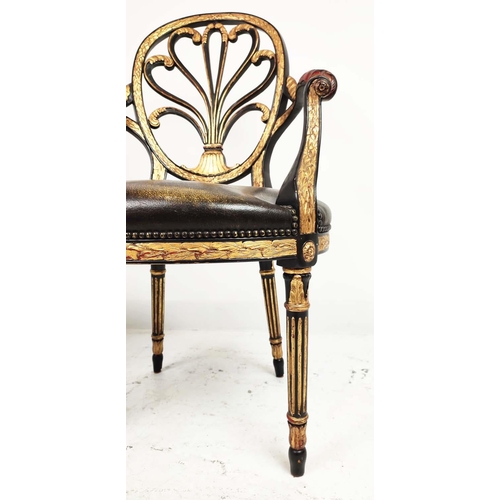 257 - ARMCHAIRS, a pair, George III style ebonised and gilt framed with leather seats, attributed to Theod... 