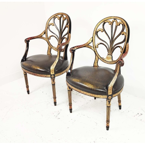 257 - ARMCHAIRS, a pair, George III style ebonised and gilt framed with leather seats, attributed to Theod... 