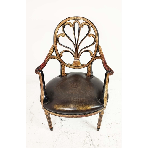 257 - ARMCHAIRS, a pair, George III style ebonised and gilt framed with leather seats, attributed to Theod... 