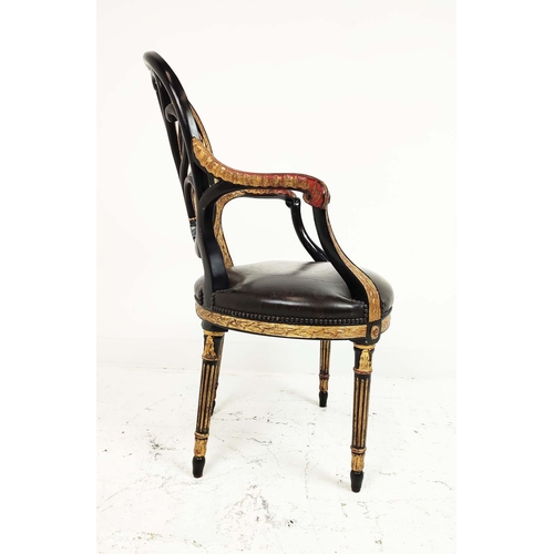 257 - ARMCHAIRS, a pair, George III style ebonised and gilt framed with leather seats, attributed to Theod... 