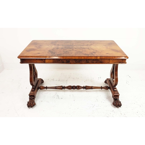 258 - LIBRARY TABLE, Victorian burr walnut with 1/4 veneered top on paw feet and brass castors, 73cm H x 1... 