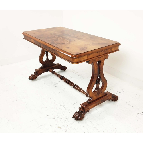 258 - LIBRARY TABLE, Victorian burr walnut with 1/4 veneered top on paw feet and brass castors, 73cm H x 1... 