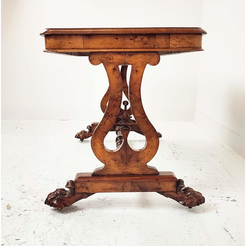 258 - LIBRARY TABLE, Victorian burr walnut with 1/4 veneered top on paw feet and brass castors, 73cm H x 1... 