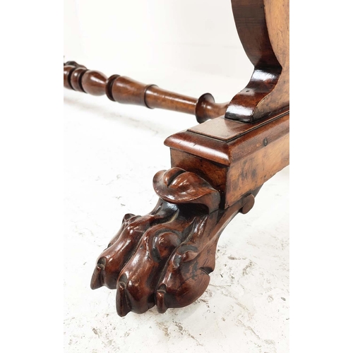 258 - LIBRARY TABLE, Victorian burr walnut with 1/4 veneered top on paw feet and brass castors, 73cm H x 1... 