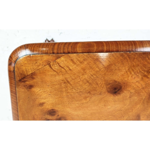 258 - LIBRARY TABLE, Victorian burr walnut with 1/4 veneered top on paw feet and brass castors, 73cm H x 1... 