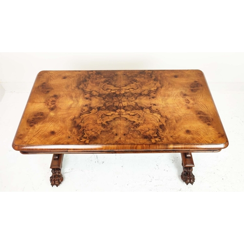 258 - LIBRARY TABLE, Victorian burr walnut with 1/4 veneered top on paw feet and brass castors, 73cm H x 1... 