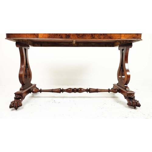 258 - LIBRARY TABLE, Victorian burr walnut with 1/4 veneered top on paw feet and brass castors, 73cm H x 1... 