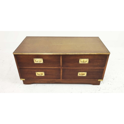 259 - CAMPAIGN STYLE LOW CHEST, mahogany and brass bound with leather top above four drawers, 41cm H x 29c... 