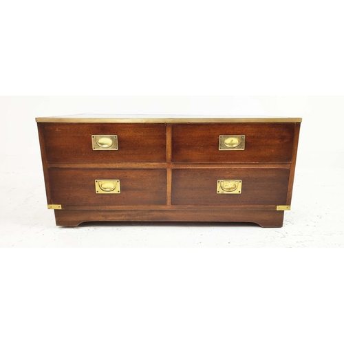 259 - CAMPAIGN STYLE LOW CHEST, mahogany and brass bound with leather top above four drawers, 41cm H x 29c... 