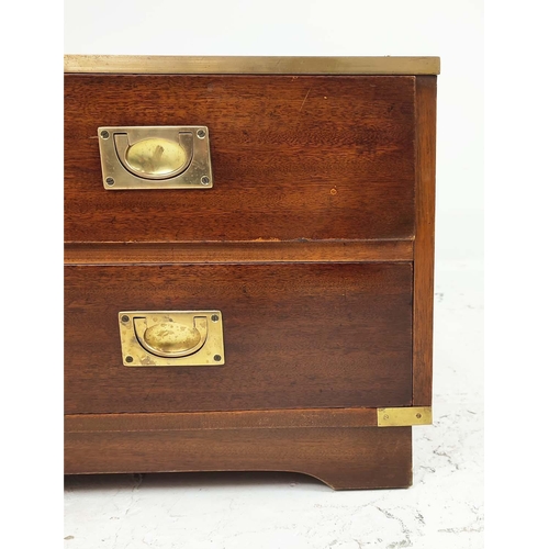 259 - CAMPAIGN STYLE LOW CHEST, mahogany and brass bound with leather top above four drawers, 41cm H x 29c... 