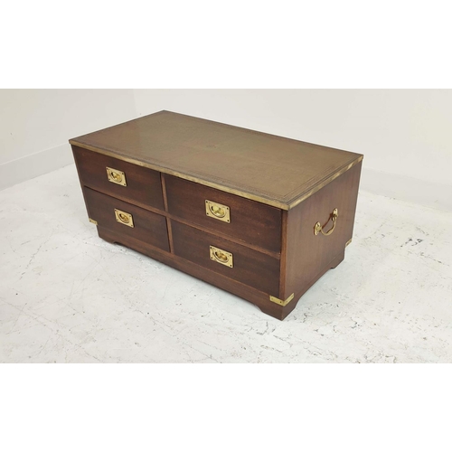 259 - CAMPAIGN STYLE LOW CHEST, mahogany and brass bound with leather top above four drawers, 41cm H x 29c... 