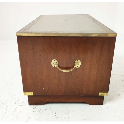 259 - CAMPAIGN STYLE LOW CHEST, mahogany and brass bound with leather top above four drawers, 41cm H x 29c... 