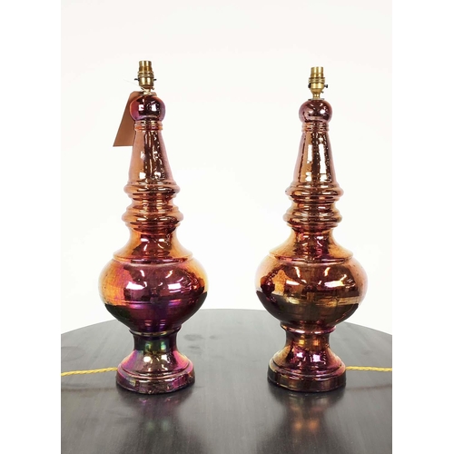 315 - TABLE LAMPS, a pair, 1960s style iridescent lustre finish, 67cm H. (2)