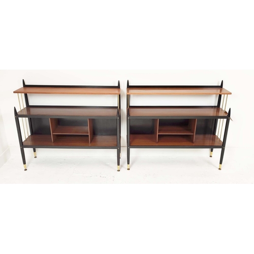 318 - G PLAN LIBRENZA BOOKCASES, a pair, vintage 1950s, ebonised and brass detail, 106cm x 95cm H x 31cm. ... 