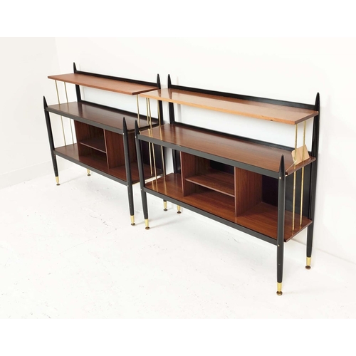 318 - G PLAN LIBRENZA BOOKCASES, a pair, vintage 1950s, ebonised and brass detail, 106cm x 95cm H x 31cm. ... 