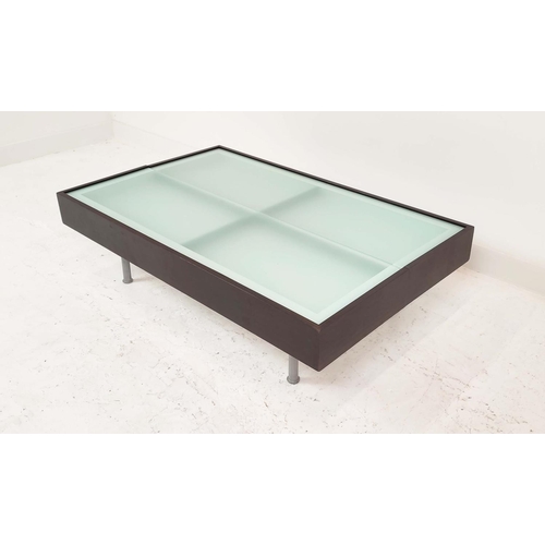 322 - LOW TABLE, lift up split top design, revealing storage, 128cm x 130cm x 53cm at largest.