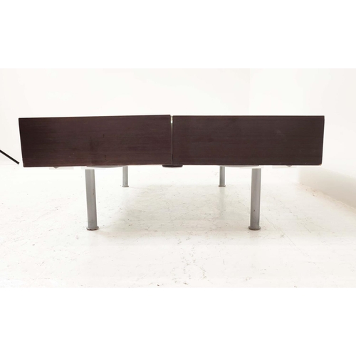 322 - LOW TABLE, lift up split top design, revealing storage, 128cm x 130cm x 53cm at largest.