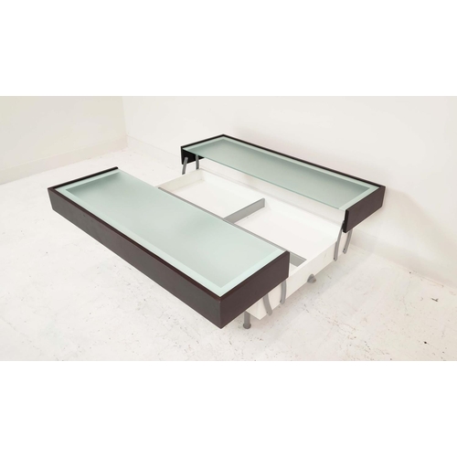 322 - LOW TABLE, lift up split top design, revealing storage, 128cm x 130cm x 53cm at largest.