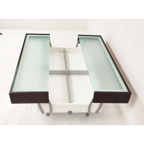 322 - LOW TABLE, lift up split top design, revealing storage, 128cm x 130cm x 53cm at largest.