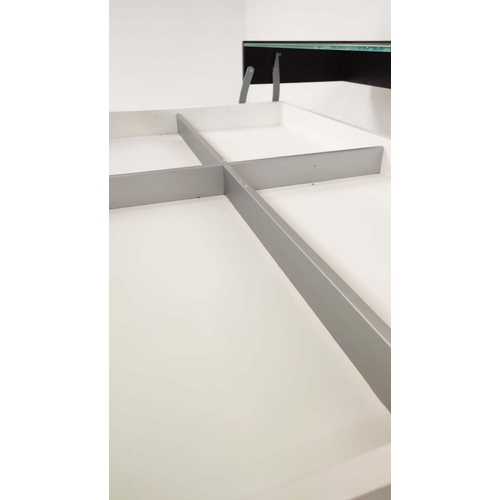 322 - LOW TABLE, lift up split top design, revealing storage, 128cm x 130cm x 53cm at largest.