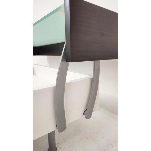 322 - LOW TABLE, lift up split top design, revealing storage, 128cm x 130cm x 53cm at largest.