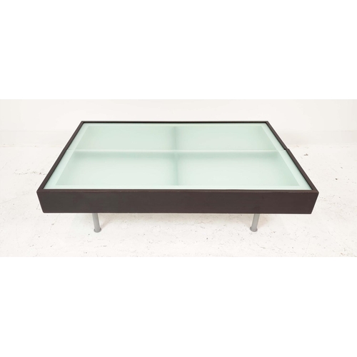 322 - LOW TABLE, lift up split top design, revealing storage, 128cm x 130cm x 53cm at largest.