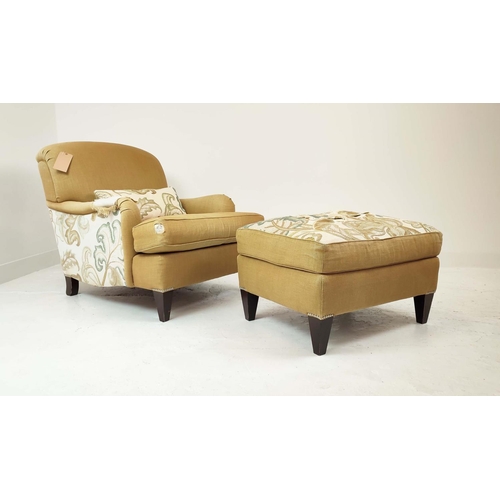 329 - HOWARD STYLE ARMCHAIR, in a hessian style upholstery with contrasting foliate back, 80cm W x 90cm H.... 