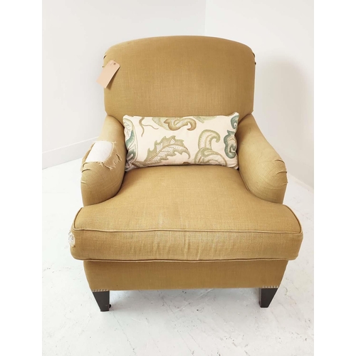 329 - HOWARD STYLE ARMCHAIR, in a hessian style upholstery with contrasting foliate back, 80cm W x 90cm H.... 