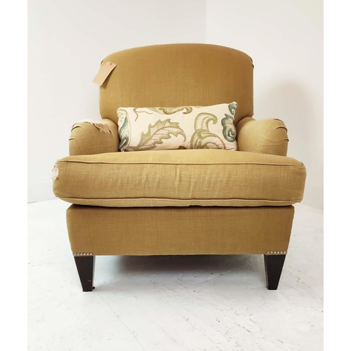 329 - HOWARD STYLE ARMCHAIR, in a hessian style upholstery with contrasting foliate back, 80cm W x 90cm H.... 