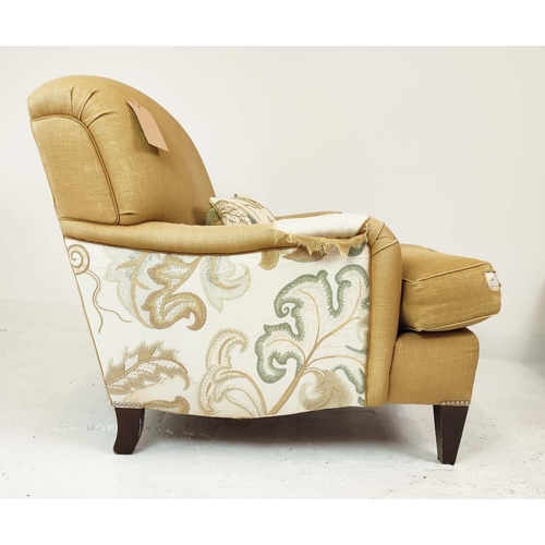 329 - HOWARD STYLE ARMCHAIR, in a hessian style upholstery with contrasting foliate back, 80cm W x 90cm H.... 