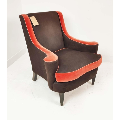 337 - ARMCHAIR, with outswept arms and contrasting brown and russet upholstery, 87cm x 91cm H.