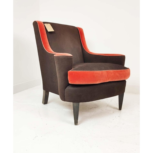 337 - ARMCHAIR, with outswept arms and contrasting brown and russet upholstery, 87cm x 91cm H.