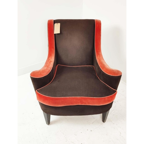 337 - ARMCHAIR, with outswept arms and contrasting brown and russet upholstery, 87cm x 91cm H.