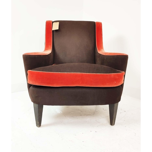 337 - ARMCHAIR, with outswept arms and contrasting brown and russet upholstery, 87cm x 91cm H.