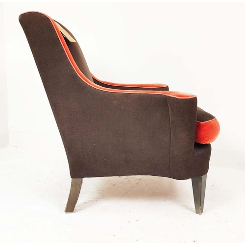 337 - ARMCHAIR, with outswept arms and contrasting brown and russet upholstery, 87cm x 91cm H.