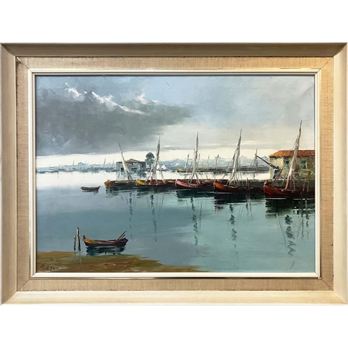 37 - F VITALI, 'Quayside on the Venetian Lagoon', oil on canvas, 48cm x 68cm, signed, framed.