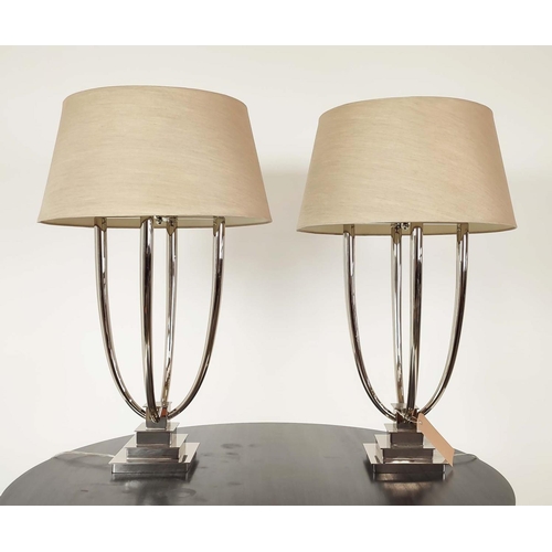 377 - R V ASTLEY TABLE LAMPS, a pair, chrome four branch with stepped bases and shades, 88cm H. (2)