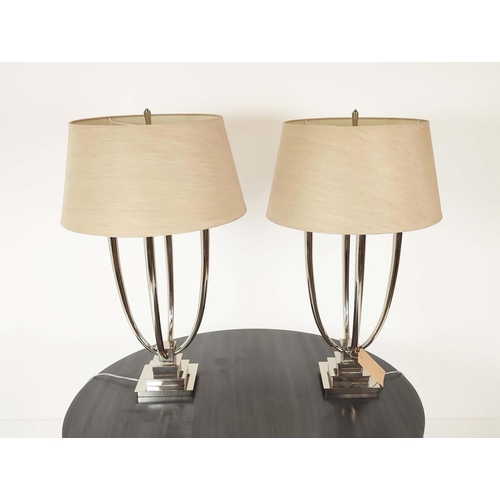 377 - R V ASTLEY TABLE LAMPS, a pair, chrome four branch with stepped bases and shades, 88cm H. (2)