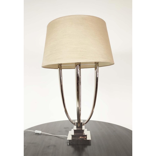 377 - R V ASTLEY TABLE LAMPS, a pair, chrome four branch with stepped bases and shades, 88cm H. (2)