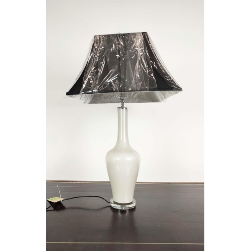 378 - TABLE LAMP, white glass base, with black shade, 89cm H approx.