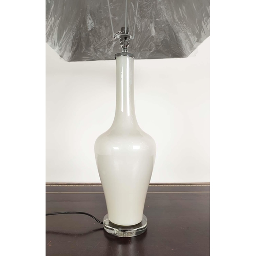 378 - TABLE LAMP, white glass base, with black shade, 89cm H approx.