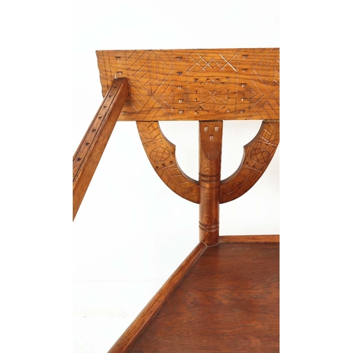 410 - SWEDISH MONK'S BENCH, with carved and turned detail, 95cm W x 90cm H.