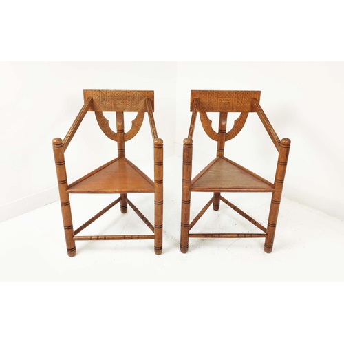 411 - SWEDISH MONK CHAIRS, a pair, with carved and turned detail, each 56cm W x 88cm H.