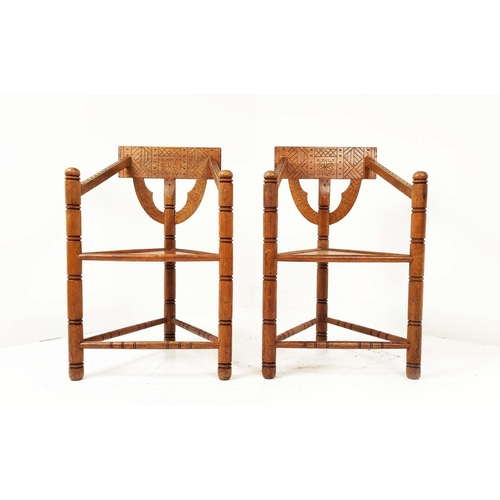 411 - SWEDISH MONK CHAIRS, a pair, with carved and turned detail, each 56cm W x 88cm H.